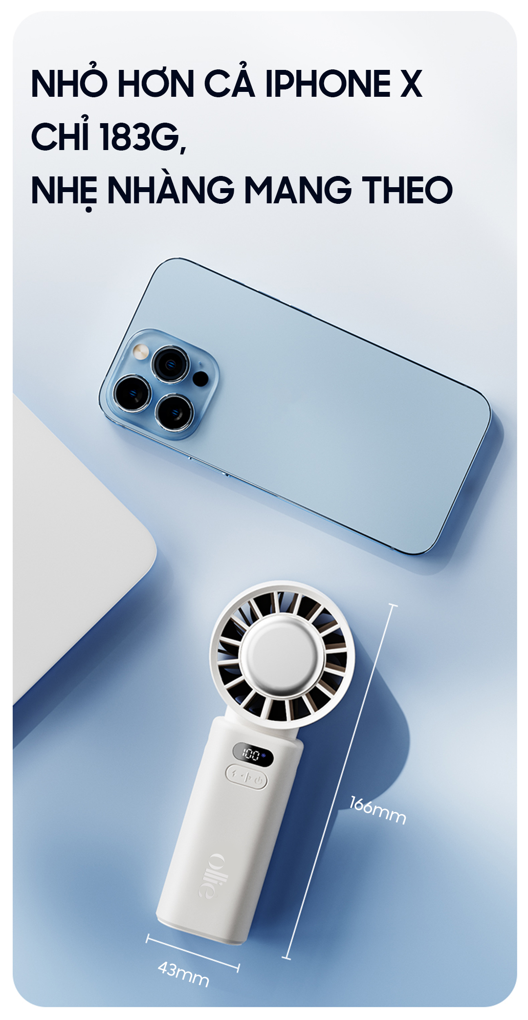 Quạt Mini cầm tay làm mát OLLIE FAN-ICE Z màu xám