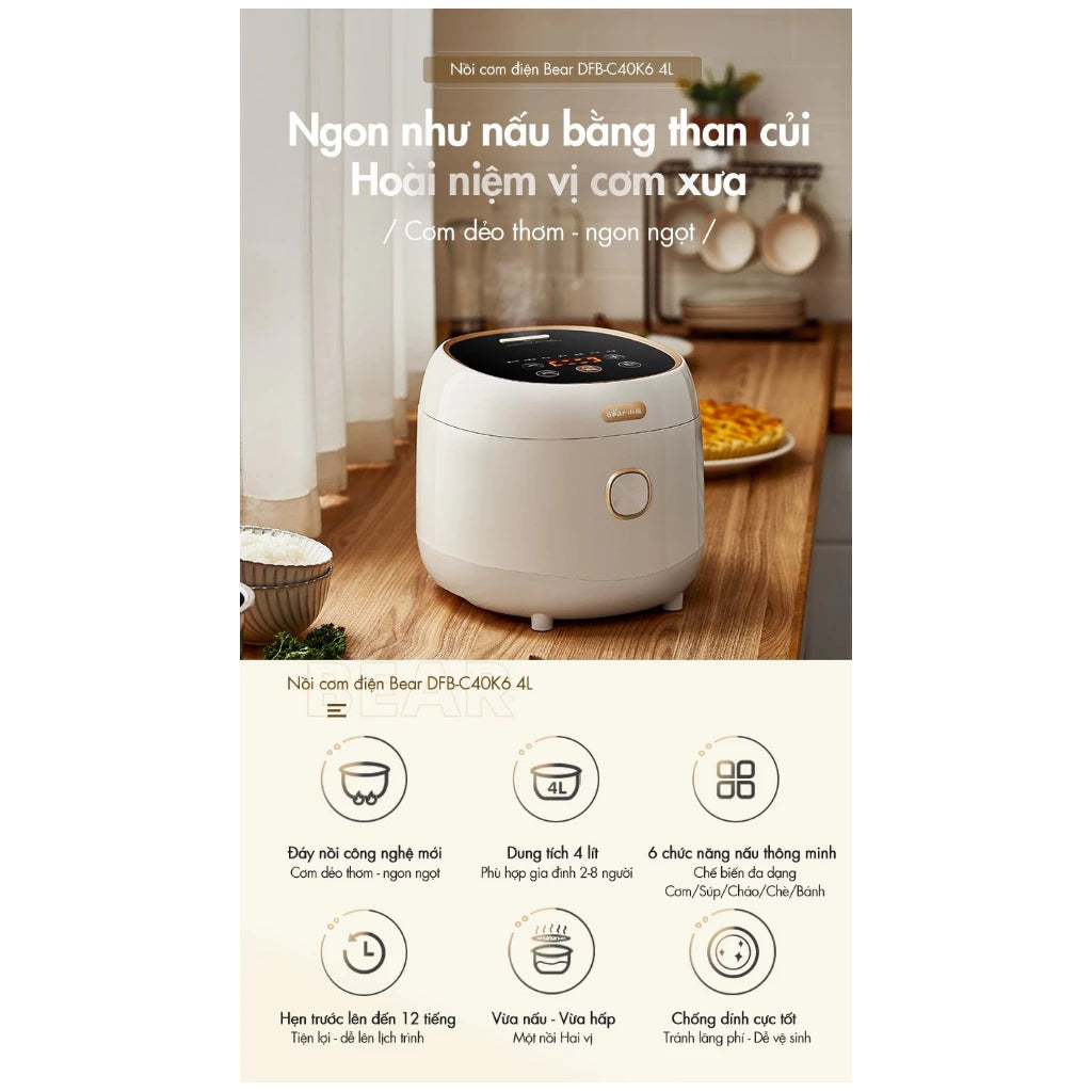 Nồi cơm điện Bear RC-4H40E, Bảo Hành 18 Tháng - Hàng Chính Hãng