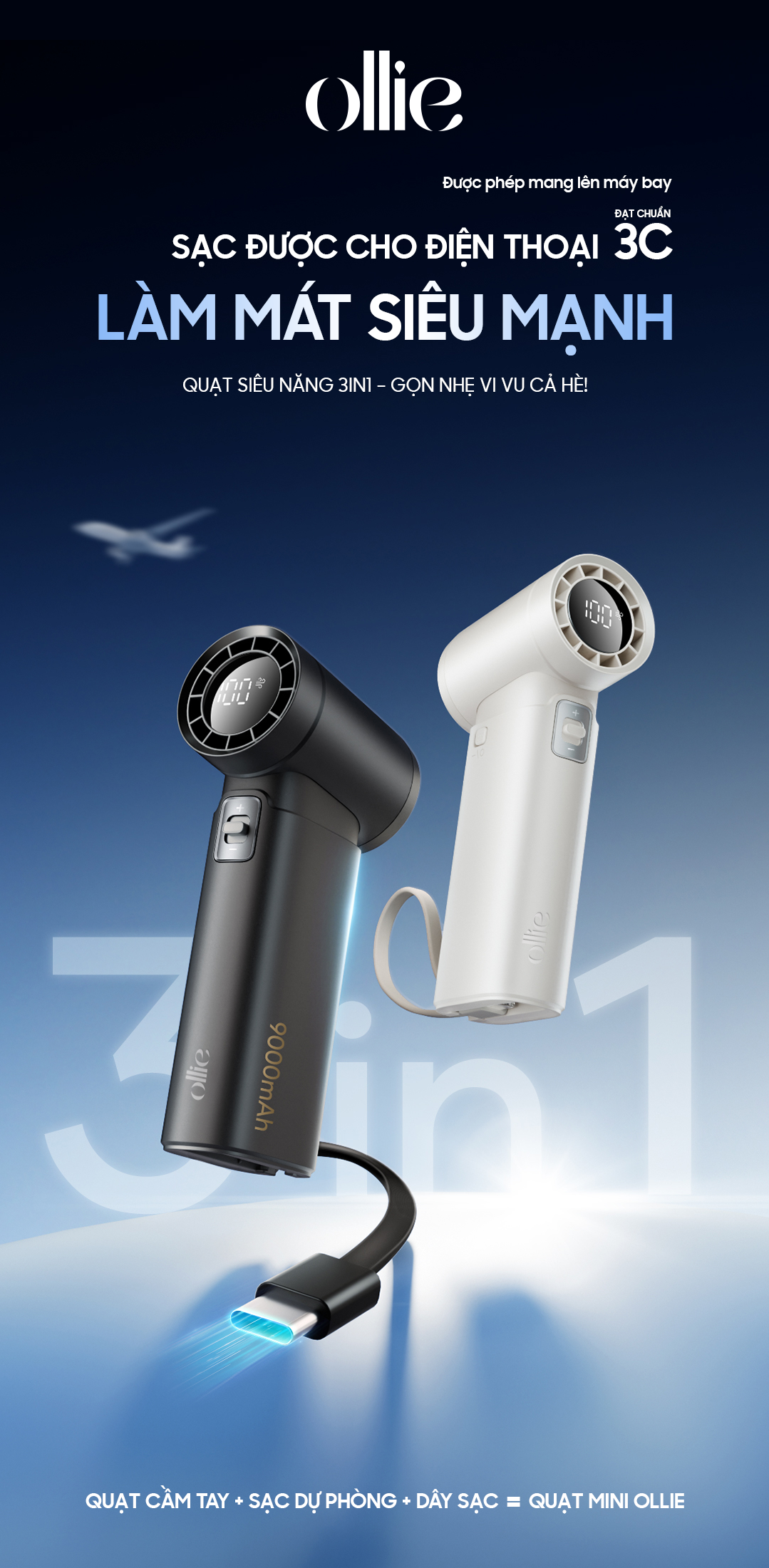 Quạt Mini đa năng kiêm sạc dự phòng OLLIE FAN-ENGINE POWER màu xám
