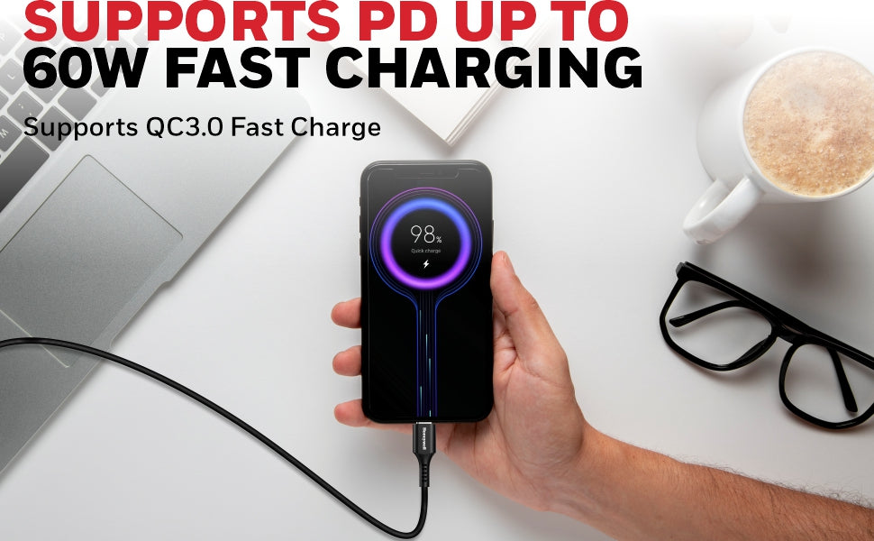 (Combo) Củ sạc điện thoại Honeywell 20W màu trắng + Cáp sạc điện thoại Honeywell 1.8m màu đen 2 đầu Type C