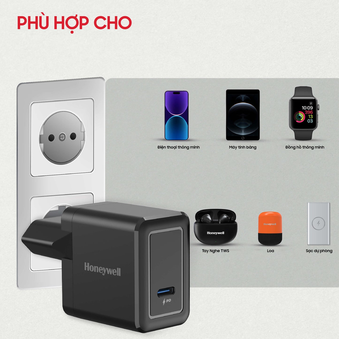 (Combo) Củ sạc điện thoại Honeywell 20W màu trắng + Củ sạc điện thoại Honeywell 20W màu đen