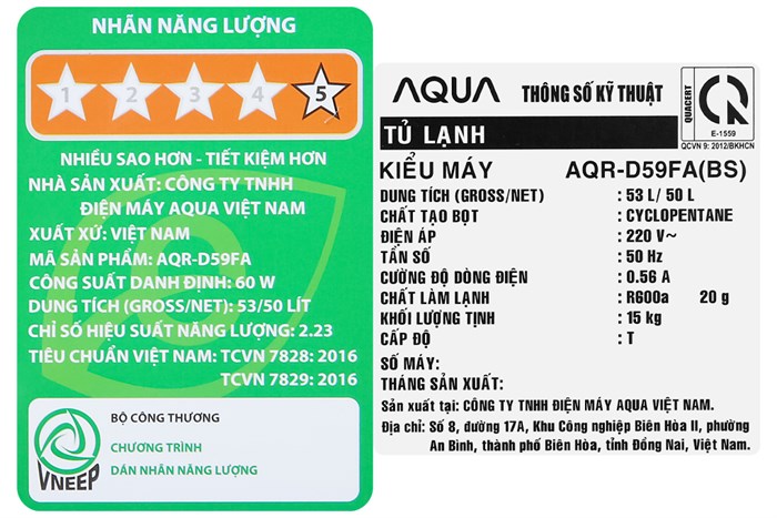 Tủ lạnh Aqua 50 lít AQR-D59FA(BS) - Hàng Chính Hãng