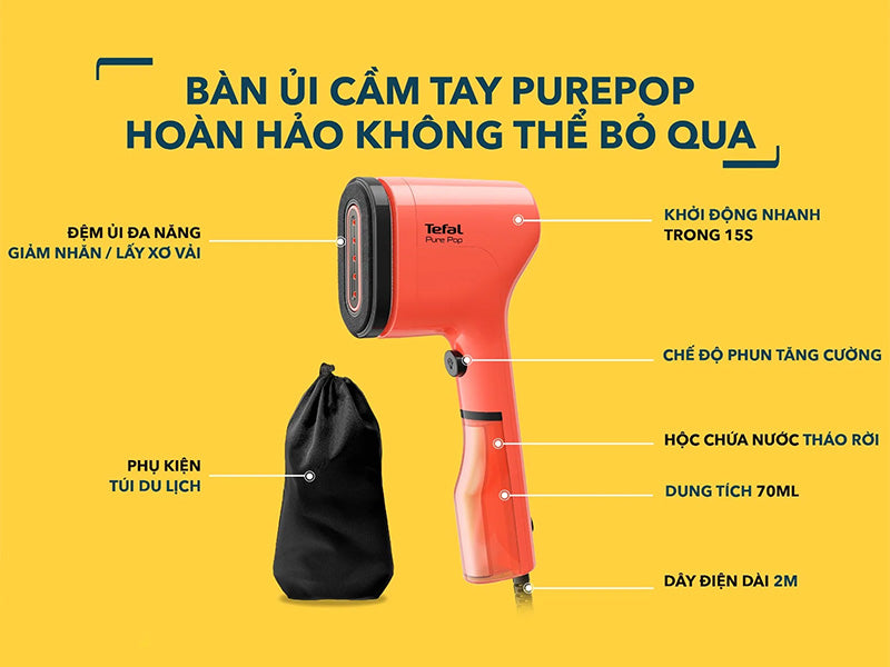 Bàn ủi hơi nước cầm tay Tefal Pure Pop DT2020E1 - Hàng Chính Hãng - Bảo Hành 24 tháng