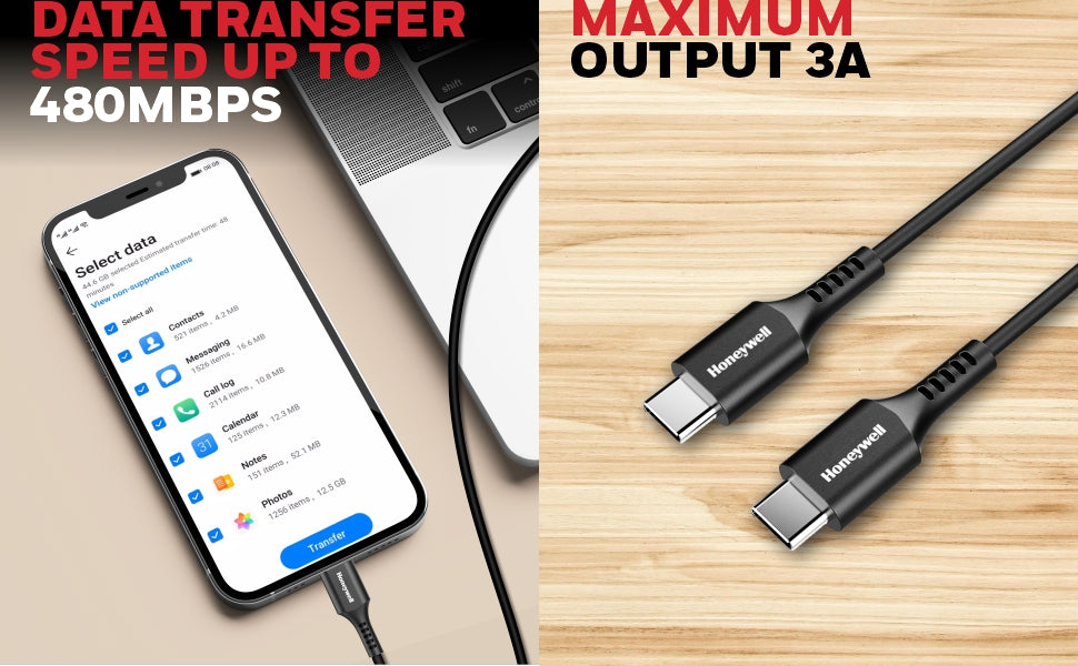 (Combo) Củ sạc điện thoại Honeywell 20W màu trắng + Cáp sạc điện thoại Honeywell 1.8m màu đen 2 đầu Type C
