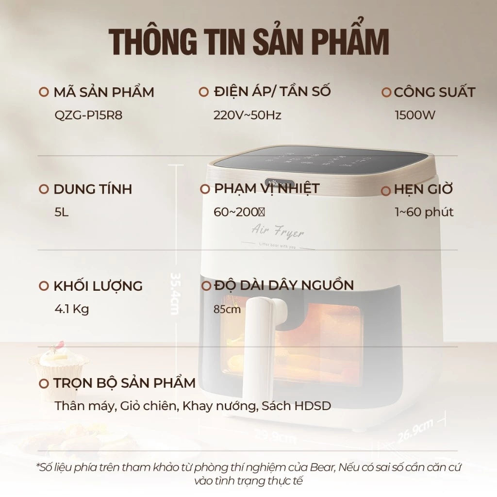 Nồi chiên không dầu Bear AF-4H15L, Bảo Hành 18 Tháng - Hàng Chính Hãng