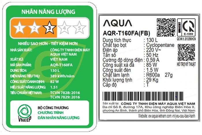 Tủ lạnh Aqua Inverter 130 lít AQR-T160FA(BS) - Hàng Chính Hãng