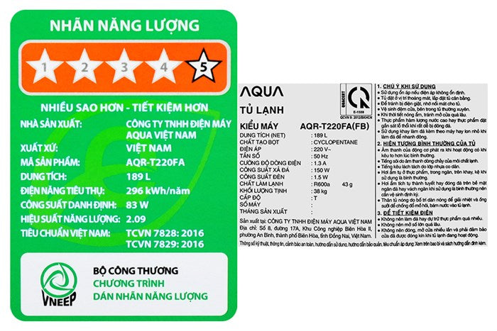 Tủ lạnh Aqua Inverter 189 lít AQR-T220FA(FB) - Hàng Chính Hãng
