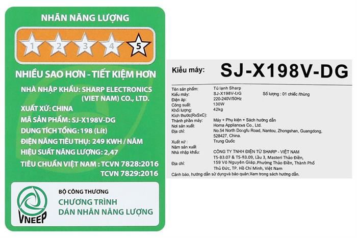 Tủ lạnh Sharp Inverter 181 lít SJ-X198V-DG - Hàng Chính Hãng