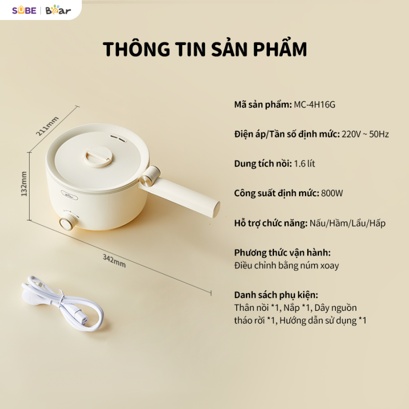 Nồi điện đa năng Bear MC-4H16G, Bảo Hành 18 Tháng - Hàng Chính Hãng