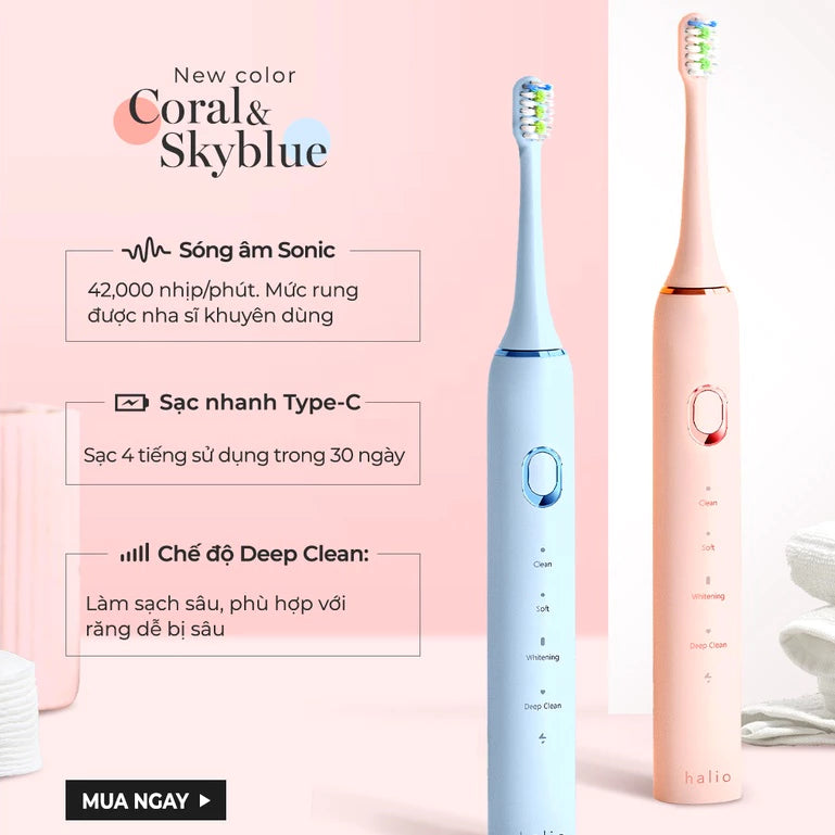 Bàn chải điện Halio Sonic SmartClean Electric Toothbrush - Sky Blue - Coral
