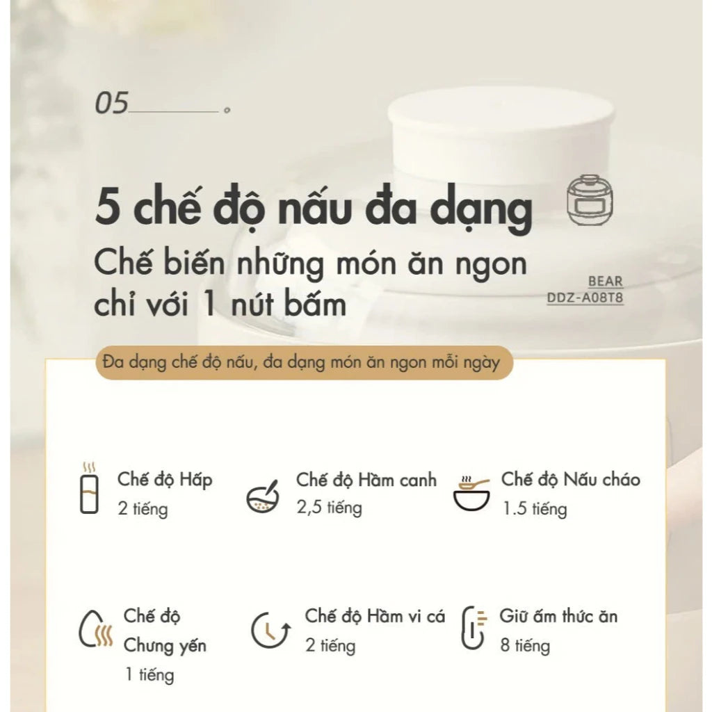 Nồi nấu chậm đa năng 0.8L Bear DDZ-A08T8, Bảo Hành 18 Tháng - Hàng Chính Hãng