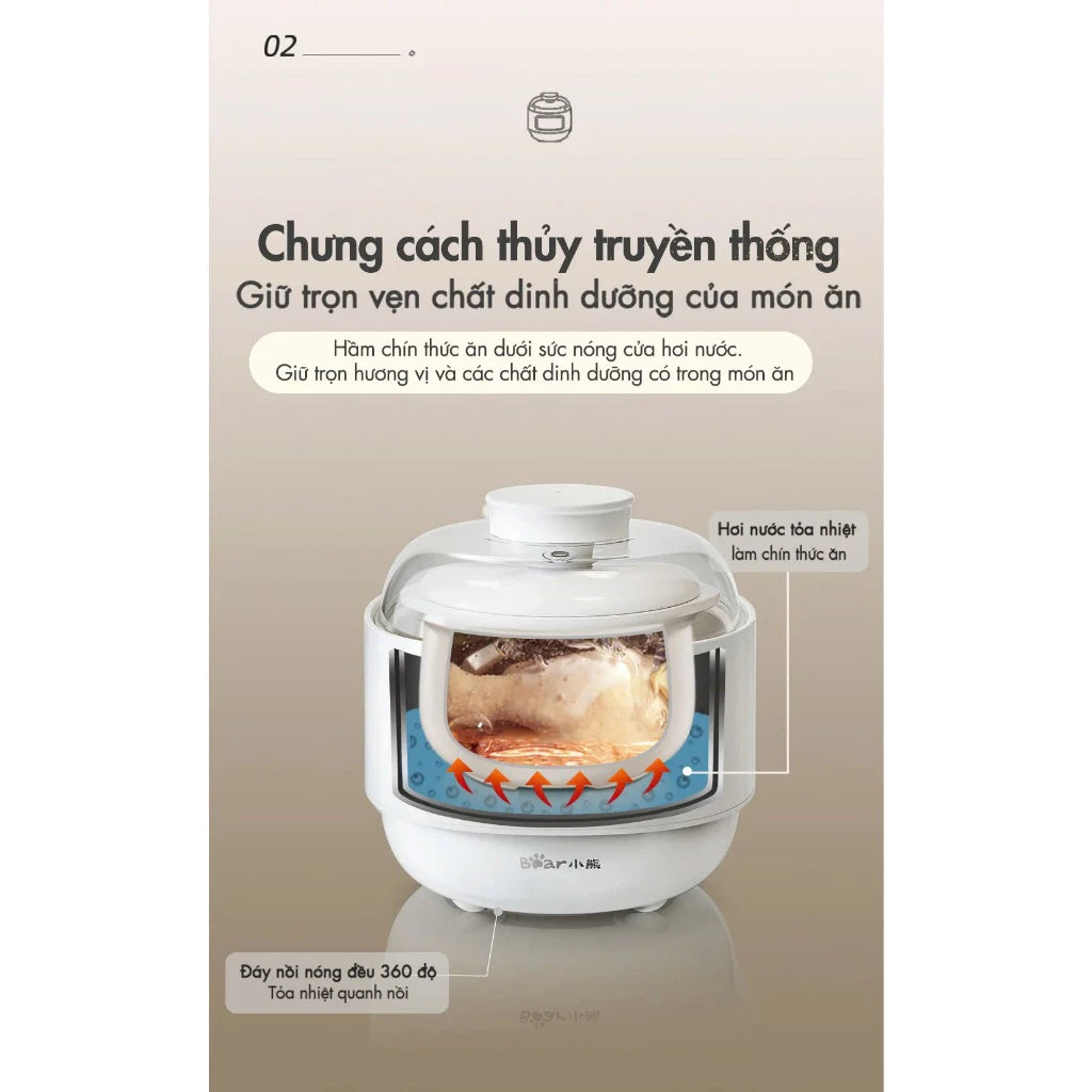 Nồi nấu chậm đa năng 0.8L Bear DDZ-A08T8, Bảo Hành 18 Tháng - Hàng Chính Hãng