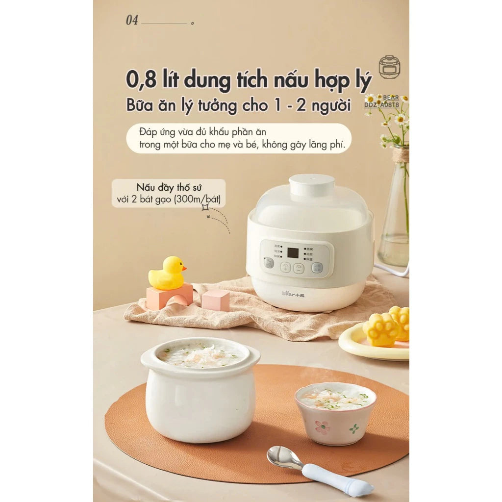Nồi nấu chậm đa năng 0.8L Bear DDZ-A08T8, Bảo Hành 18 Tháng - Hàng Chính Hãng
