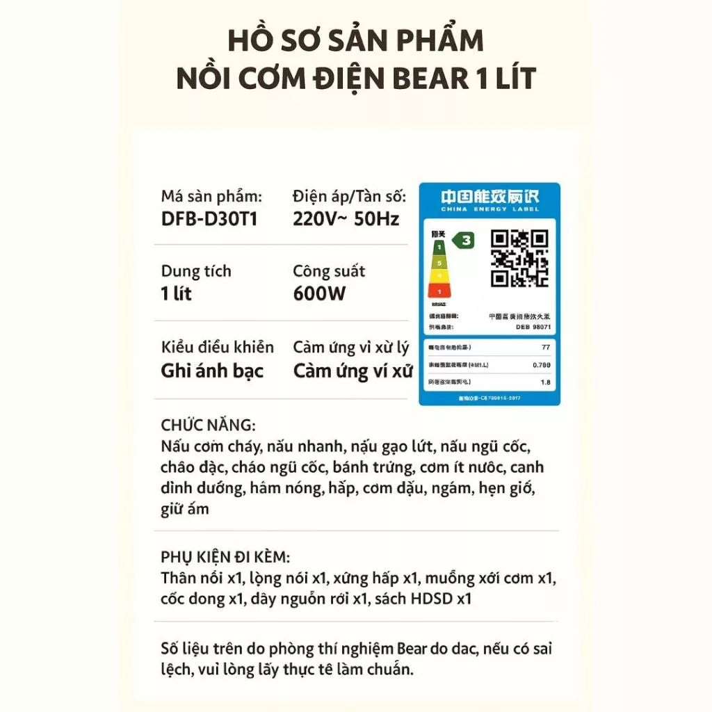 Nồi cơm điện Bear RC-4H30S, Bảo Hành 18 Tháng - Hàng Chính Hãng