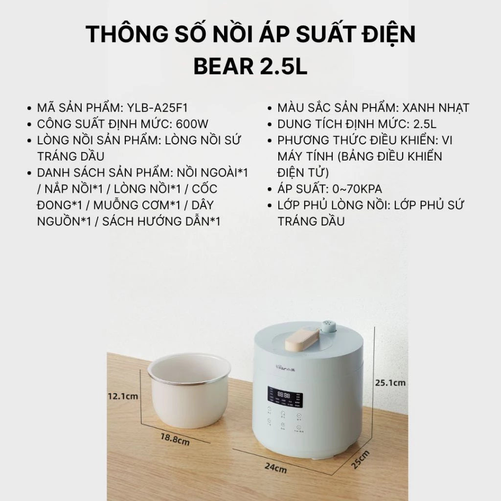 Nồi áp suất điện đa năng Bear PC-4H25R, Bảo Hành 18 Tháng - Hàng Chính Hãng