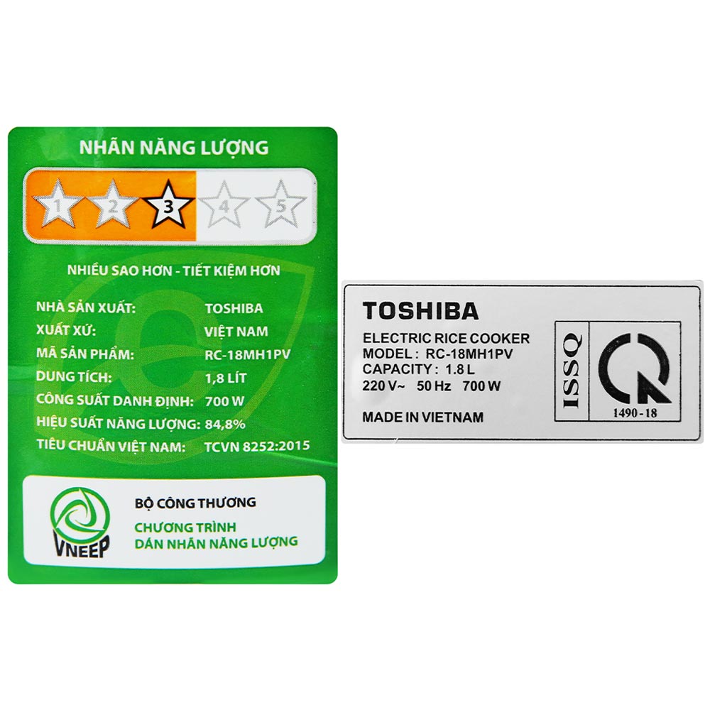 Nồi cơm điện Toshiba RC-18MH1PV(F) 1.8 lít Bảo hành 12 tháng