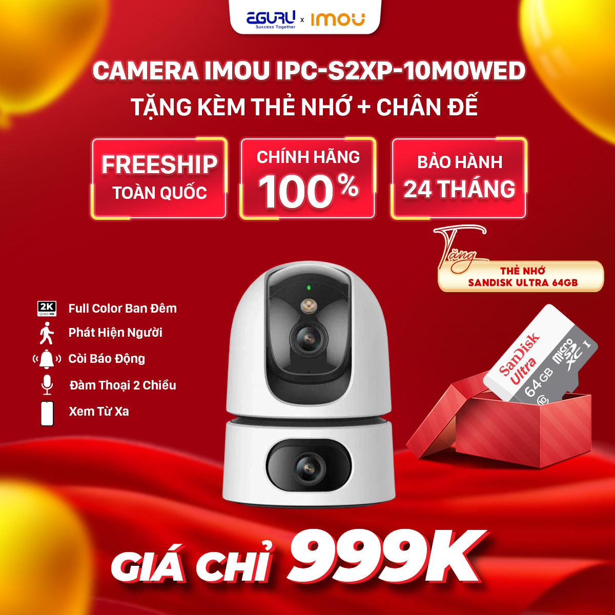 Combo Camera IMOU 2 Mắt 360 5MP IPC-S2XP-10M0WED + Thẻ nhớ SanDisk Ultra 64GB + Chân đế gắn tường