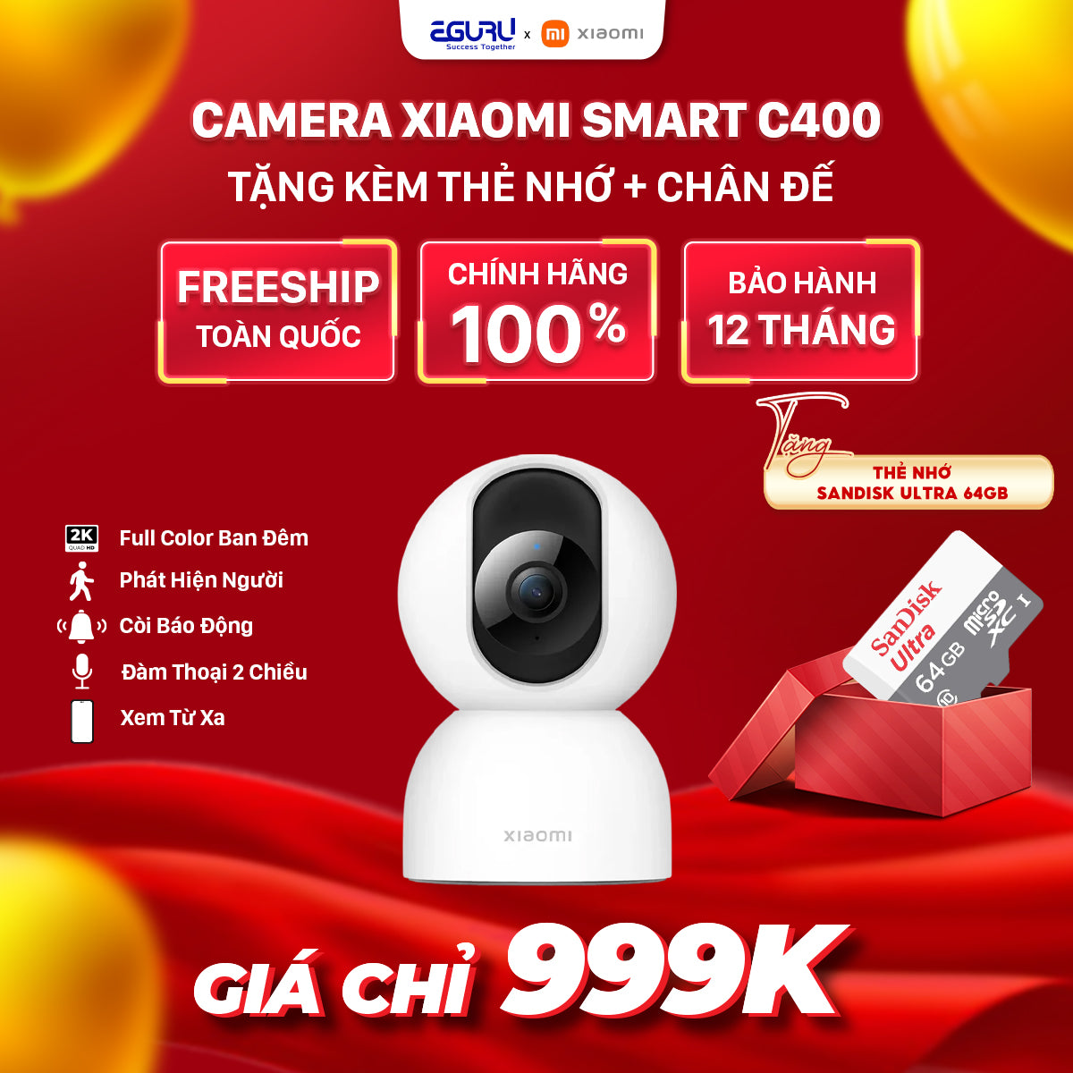 Combo CAMERA IP Wifi 360 4MP Xiaomi Smart Camera C400(BHR6619GL) + Thẻ nhớ SanDisk 64G  + Chân đế gắn tường