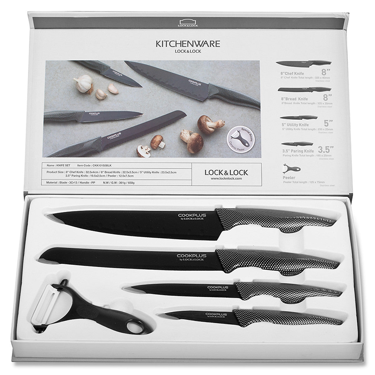 CKK101S5BLK - Bộ dao nhà bếp 5 món COOKPLUS Lock&Lock (Dao: 4 cái ; Dụng cụ gọt vỏ trái cây: 1 cái)