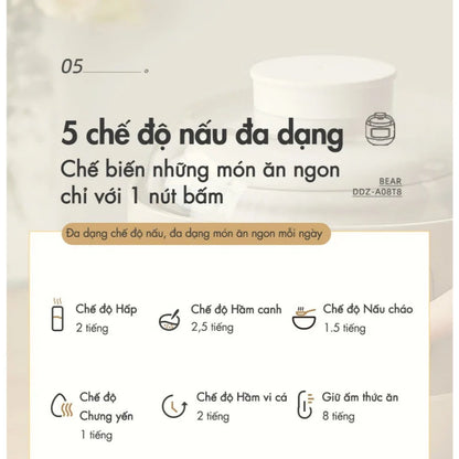 Nồi nấu chậm đa năng 0.8L Bear DDZ-A08T8, Bảo Hành 18 Tháng - Hàng Chính Hãng