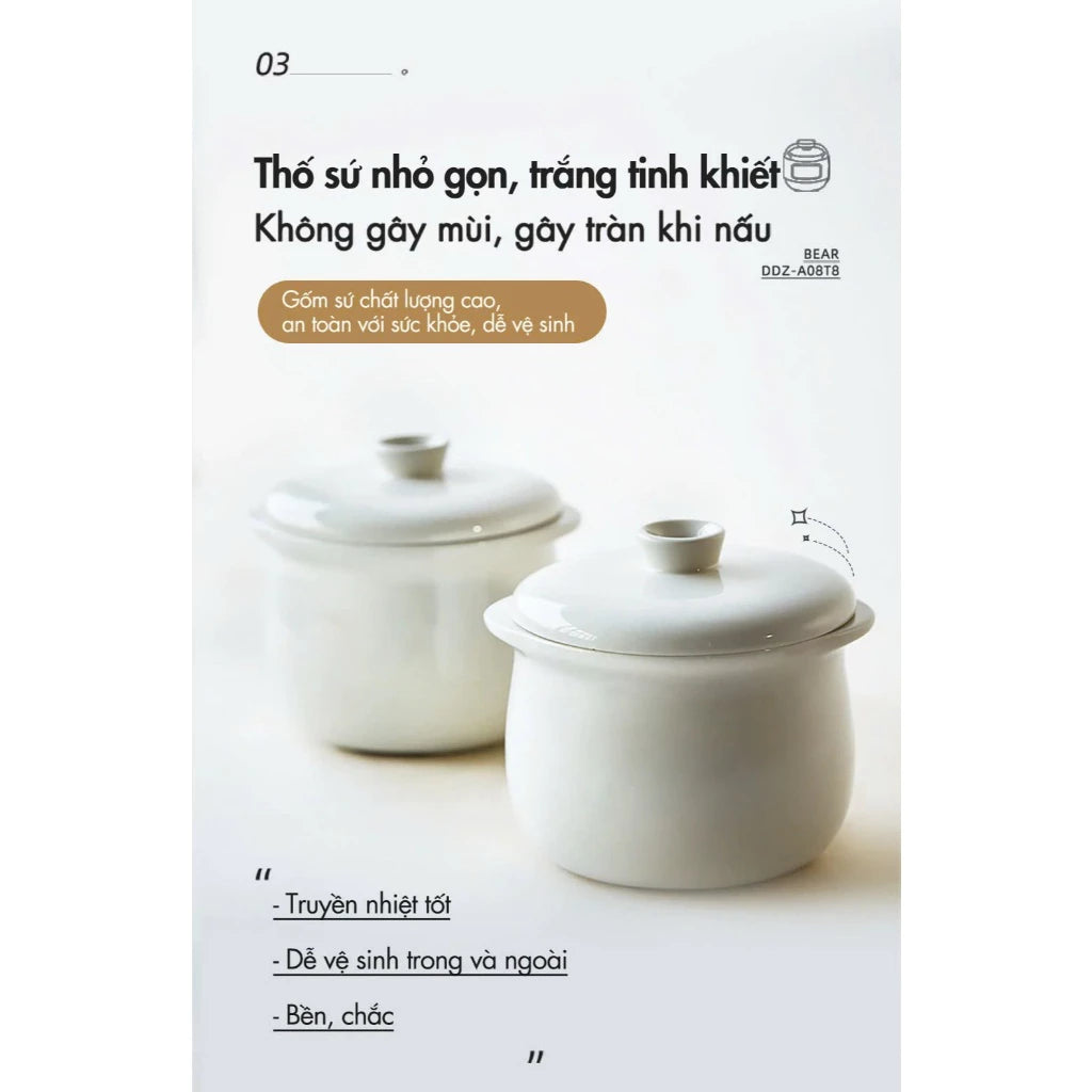 Nồi nấu chậm đa năng 0.8L Bear DDZ-A08T8, Bảo Hành 18 Tháng - Hàng Chính Hãng