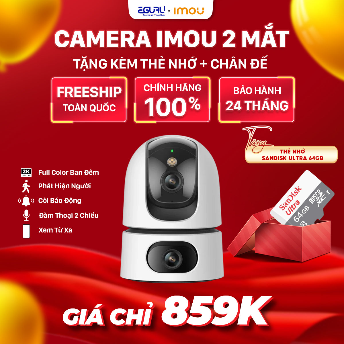 Combo Camera IMOU IPC-S2XP-6M0WED + Thẻ nhớ SanDisk Ultra 64GB + Chân đế gắn tường